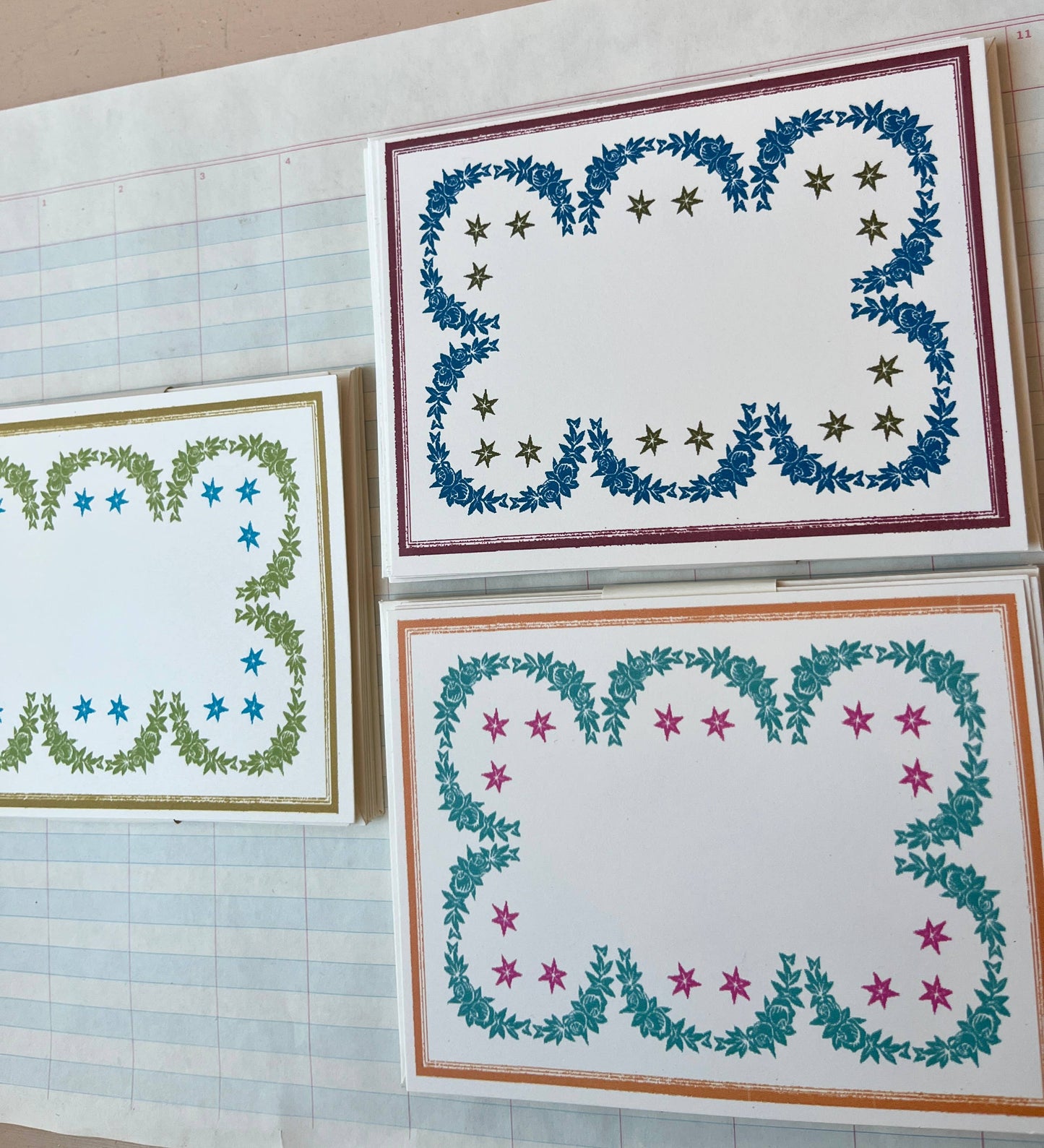 Laurel and Star Frame Stationery, Green Blue Gold