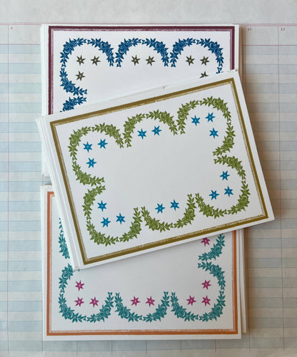 Laurel and Star Frame Stationery, Green Blue Gold